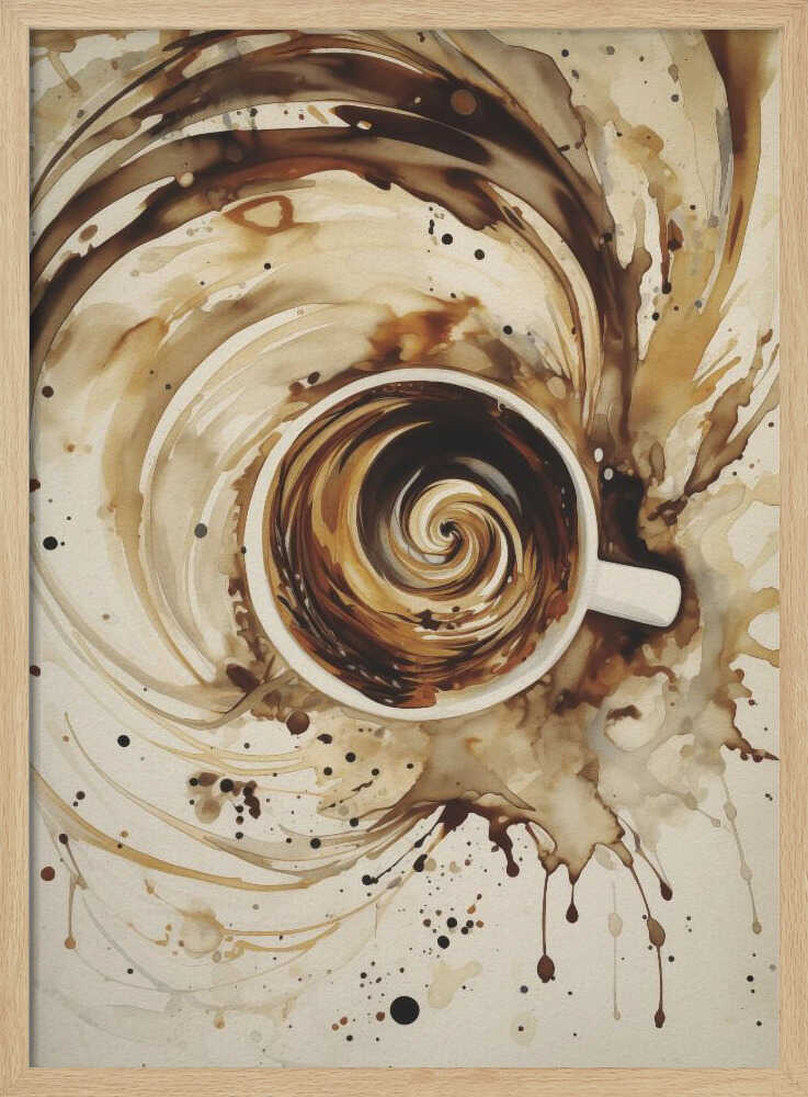 An abstract watercolor painting of a cup of coffee viewed from above. The coffee inside the white mug swirls in a mesmerizing spiral of brown and cream tones. This swirling motion explodes outwards from the cup, creating dynamic splashes and splatters of coffee-colored paint across the light beige background. The artwork is enclosed in a simple black frame. Print