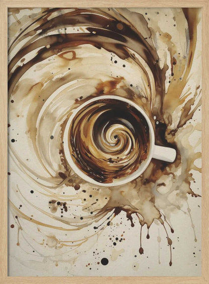 An abstract watercolor painting of a cup of coffee viewed from above. The coffee inside the white mug swirls in a mesmerizing spiral of brown and cream tones. This swirling motion explodes outwards from the cup, creating dynamic splashes and splatters of coffee-colored paint across the light beige background. The artwork is enclosed in a simple black frame. Print