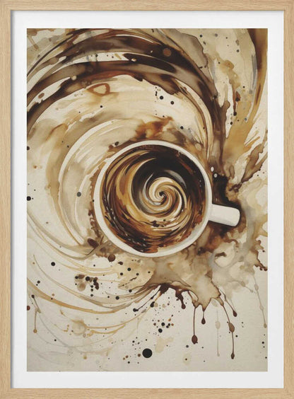 An abstract watercolor painting of a cup of coffee viewed from above. The coffee inside the white mug swirls in a mesmerizing spiral of brown and cream tones. This swirling motion explodes outwards from the cup, creating dynamic splashes and splatters of coffee-colored paint across the light beige background. The artwork is enclosed in a simple black frame. Print
