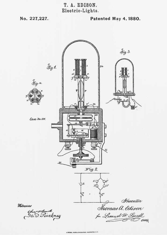 A framed black and white print of T. A. Edison's patent for electric lights, dated May 4, 1880. The document, patent number 227,227, displays detailed technical diagrams of the light bulb and its circuitry, complete with labels, signatures, and formal text. Wall Art