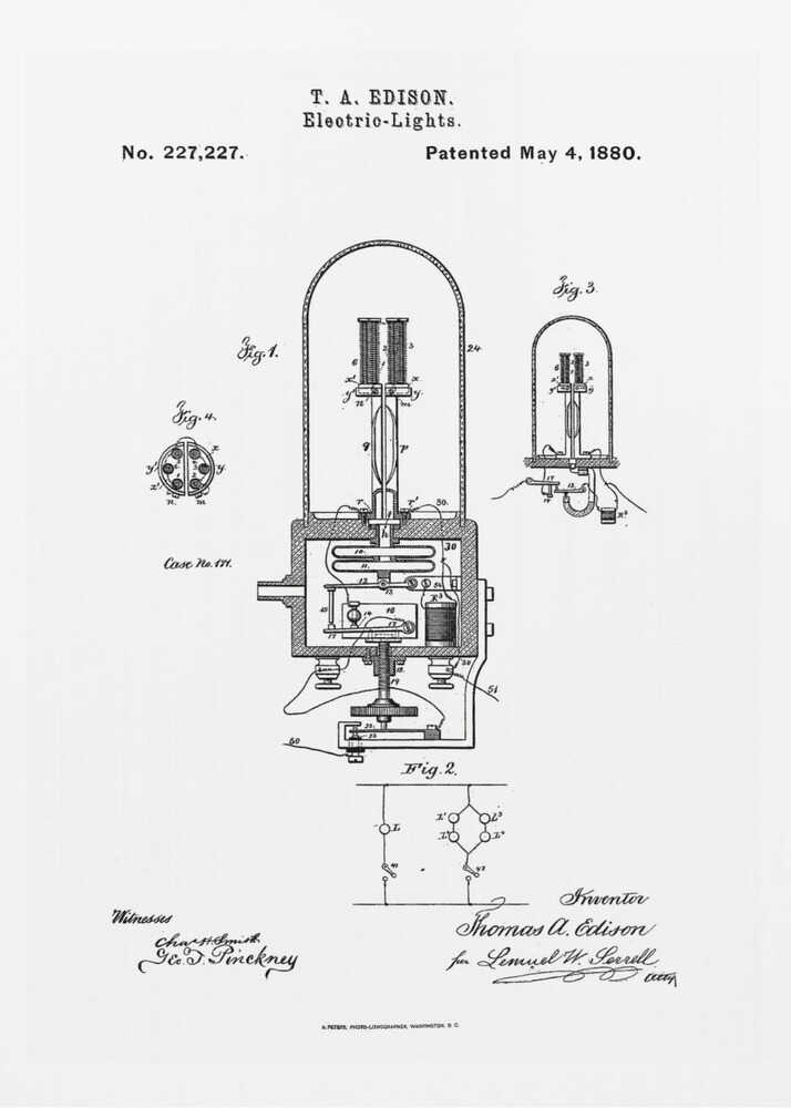 A framed black and white print of T. A. Edison's patent for electric lights, dated May 4, 1880. The document, patent number 227,227, displays detailed technical diagrams of the light bulb and its circuitry, complete with labels, signatures, and formal text. Wall Art