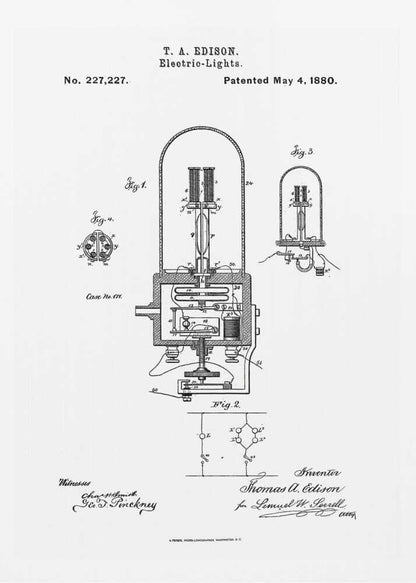 A framed black and white print of T. A. Edison's patent for electric lights, dated May 4, 1880. The document, patent number 227,227, displays detailed technical diagrams of the light bulb and its circuitry, complete with labels, signatures, and formal text. Wall Art