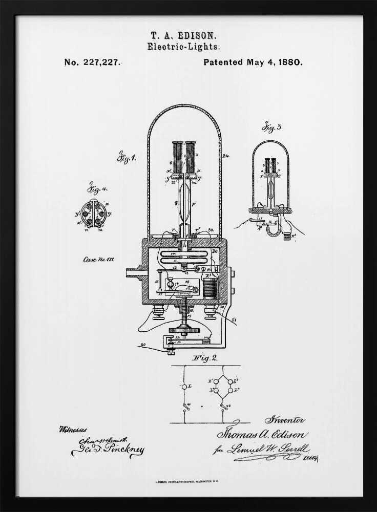 A framed black and white print of T. A. Edison's patent for electric lights, dated May 4, 1880. The document, patent number 227,227, displays detailed technical diagrams of the light bulb and its circuitry, complete with labels, signatures, and formal text. Wall Art