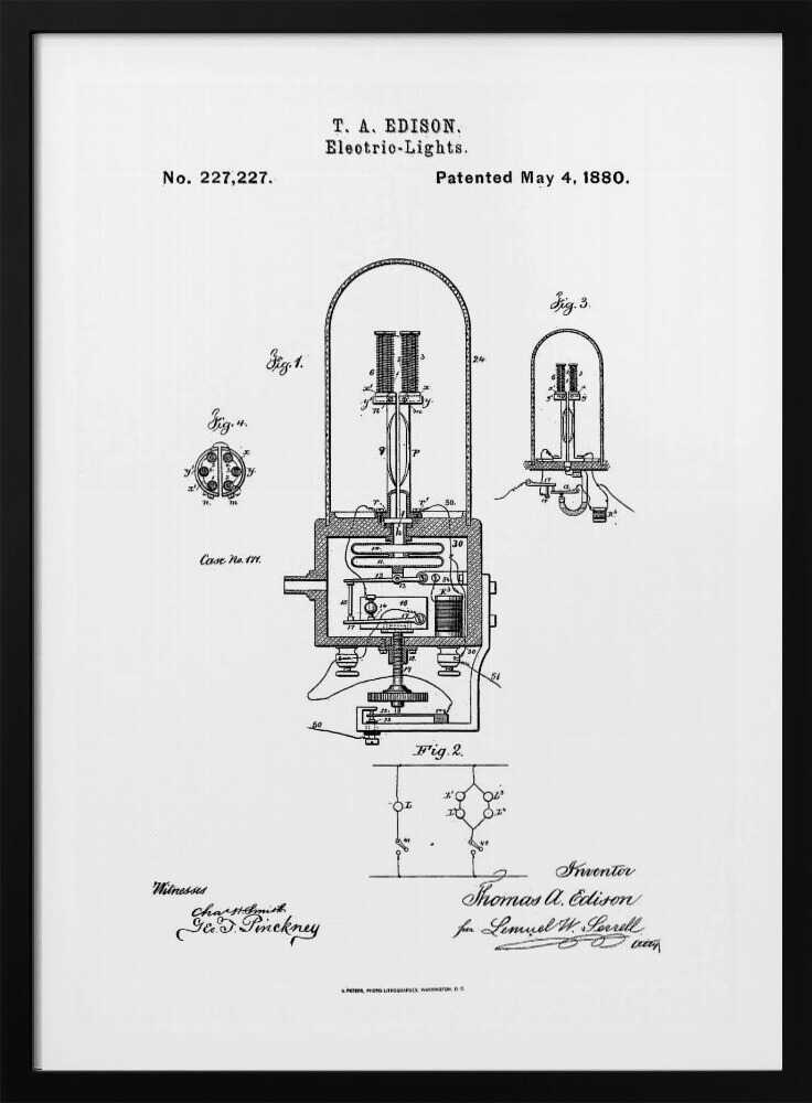 A framed black and white print of T. A. Edison's patent for electric lights, dated May 4, 1880. The document, patent number 227,227, displays detailed technical diagrams of the light bulb and its circuitry, complete with labels, signatures, and formal text. Wall Art