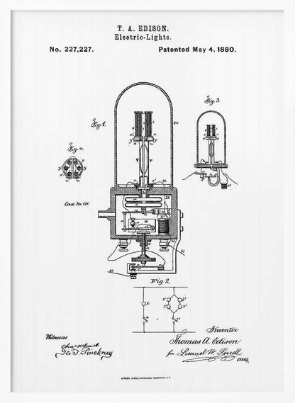 A framed black and white print of T. A. Edison's patent for electric lights, dated May 4, 1880. The document, patent number 227,227, displays detailed technical diagrams of the light bulb and its circuitry, complete with labels, signatures, and formal text. Wall Art