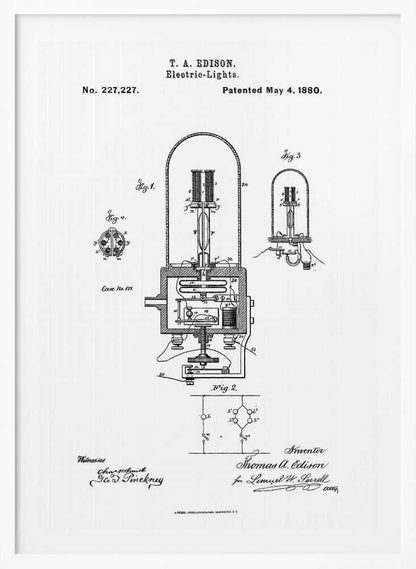 A framed black and white print of T. A. Edison's patent for electric lights, dated May 4, 1880. The document, patent number 227,227, displays detailed technical diagrams of the light bulb and its circuitry, complete with labels, signatures, and formal text. Wall Art
