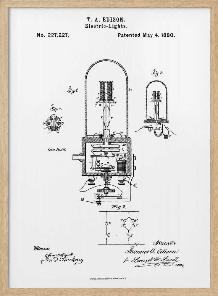A framed black and white print of T. A. Edison's patent for electric lights, dated May 4, 1880. The document, patent number 227,227, displays detailed technical diagrams of the light bulb and its circuitry, complete with labels, signatures, and formal text. Wall Art
