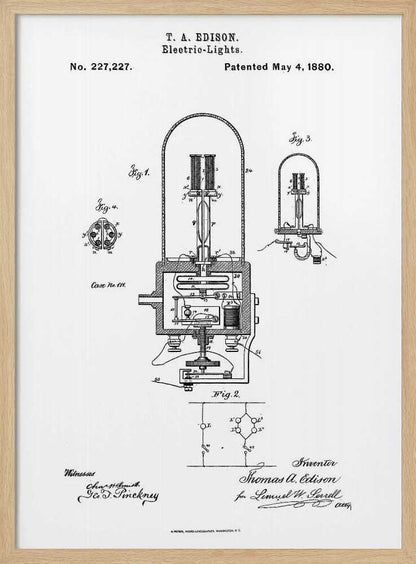 A framed black and white print of T. A. Edison's patent for electric lights, dated May 4, 1880. The document, patent number 227,227, displays detailed technical diagrams of the light bulb and its circuitry, complete with labels, signatures, and formal text. Wall Art