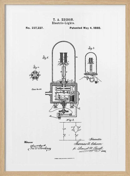 A framed black and white print of T. A. Edison's patent for electric lights, dated May 4, 1880. The document, patent number 227,227, displays detailed technical diagrams of the light bulb and its circuitry, complete with labels, signatures, and formal text. Wall Art