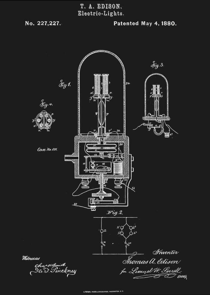 A framed black poster displaying Thomas A. Edison's patent for Electric-Lights, No. 227,227, dated May 4, 1880. The poster features white line drawings of the light bulb's components and circuitry, resembling a vintage blueprint. Wall Art