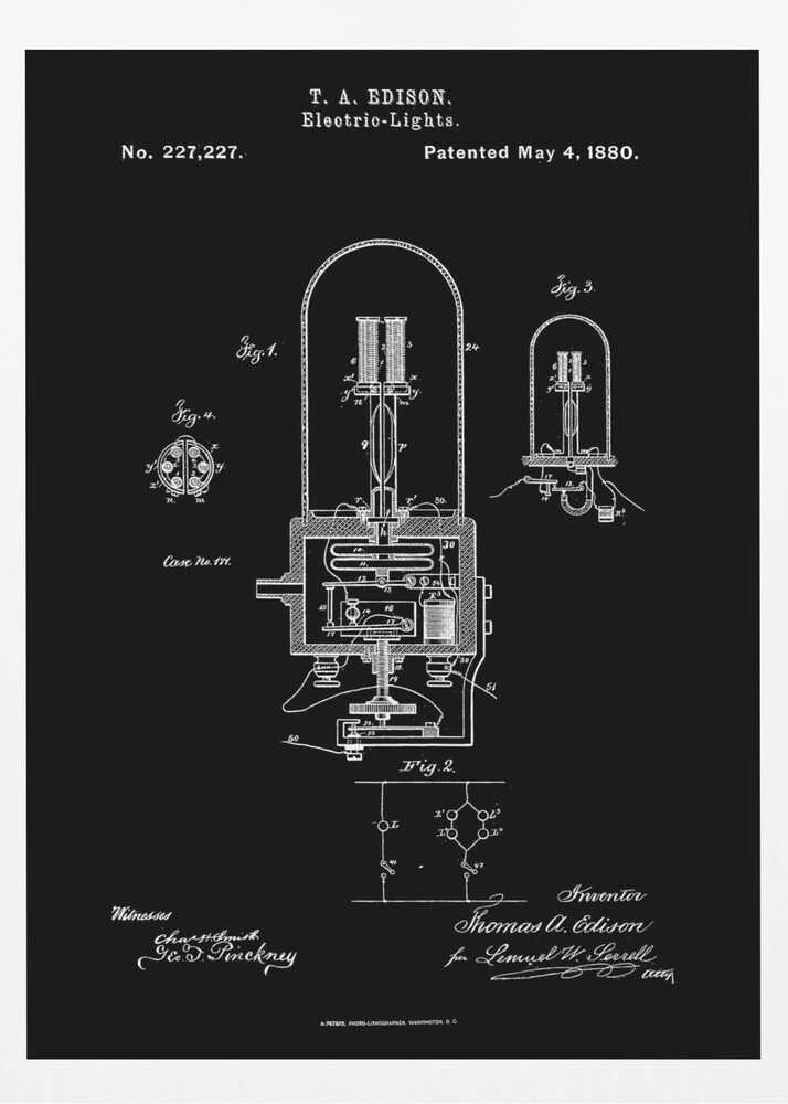 A framed black poster displaying Thomas A. Edison's patent for Electric-Lights, No. 227,227, dated May 4, 1880. The poster features white line drawings of the light bulb's components and circuitry, resembling a vintage blueprint. Wall Art
