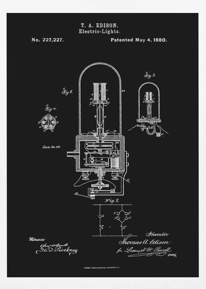 A framed black poster displaying Thomas A. Edison's patent for Electric-Lights, No. 227,227, dated May 4, 1880. The poster features white line drawings of the light bulb's components and circuitry, resembling a vintage blueprint. Wall Art