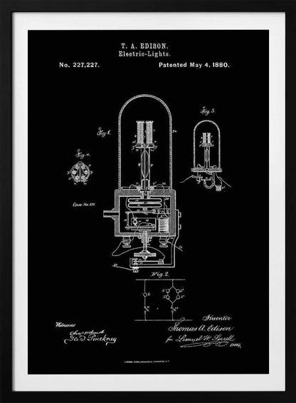 A framed black poster displaying Thomas A. Edison's patent for Electric-Lights, No. 227,227, dated May 4, 1880. The poster features white line drawings of the light bulb's components and circuitry, resembling a vintage blueprint. Wall Art