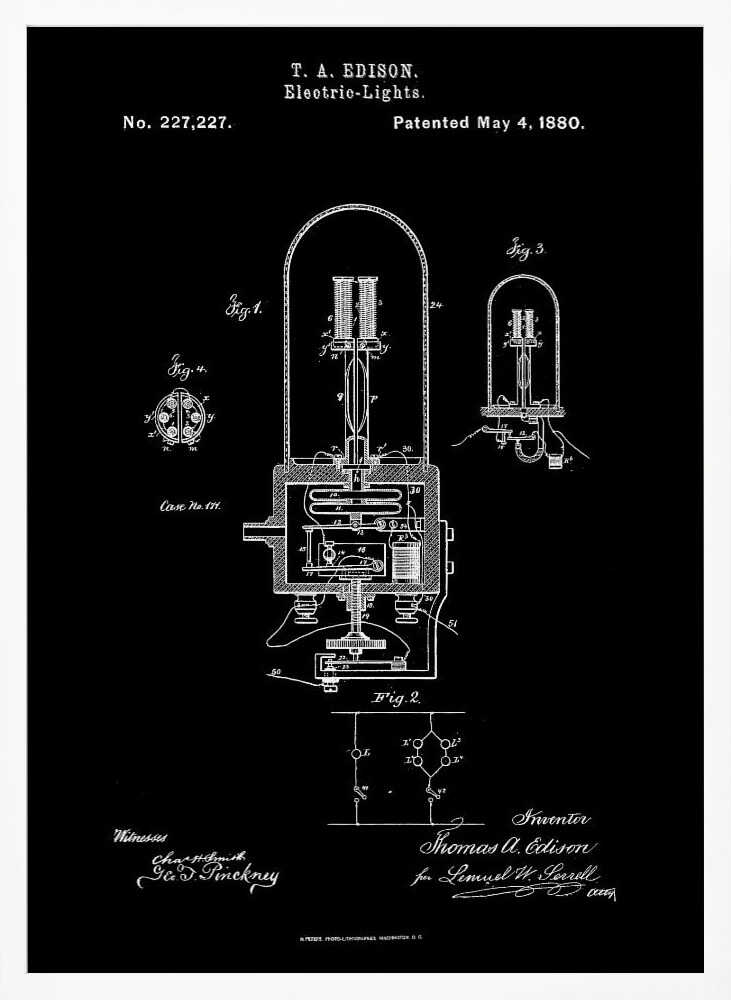 A framed black poster displaying Thomas A. Edison's patent for Electric-Lights, No. 227,227, dated May 4, 1880. The poster features white line drawings of the light bulb's components and circuitry, resembling a vintage blueprint. Wall Art