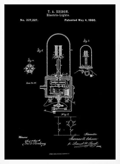 A framed black poster displaying Thomas A. Edison's patent for Electric-Lights, No. 227,227, dated May 4, 1880. The poster features white line drawings of the light bulb's components and circuitry, resembling a vintage blueprint. Wall Art