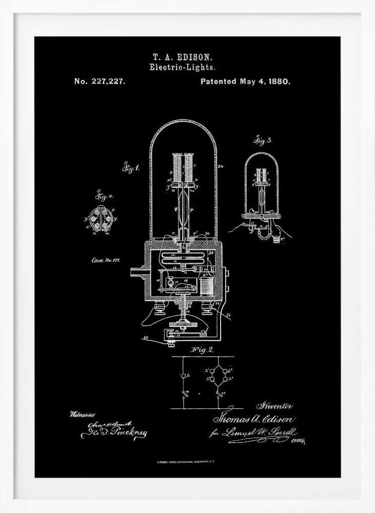 A framed black poster displaying Thomas A. Edison's patent for Electric-Lights, No. 227,227, dated May 4, 1880. The poster features white line drawings of the light bulb's components and circuitry, resembling a vintage blueprint. Wall Art