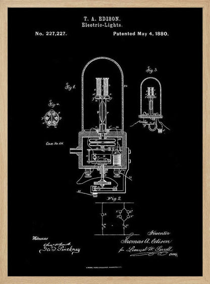 A framed black poster displaying Thomas A. Edison's patent for Electric-Lights, No. 227,227, dated May 4, 1880. The poster features white line drawings of the light bulb's components and circuitry, resembling a vintage blueprint. Wall Art