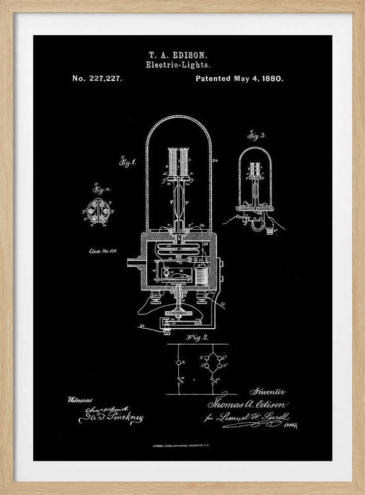 A framed black poster displaying Thomas A. Edison's patent for Electric-Lights, No. 227,227, dated May 4, 1880. The poster features white line drawings of the light bulb's components and circuitry, resembling a vintage blueprint. Wall Art