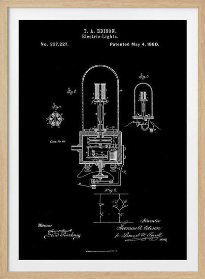 A framed black poster displaying Thomas A. Edison's patent for Electric-Lights, No. 227,227, dated May 4, 1880. The poster features white line drawings of the light bulb's components and circuitry, resembling a vintage blueprint. Wall Art