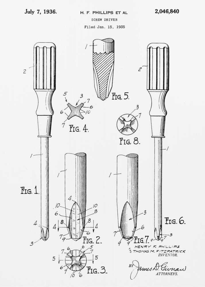A framed black and white patent illustration for a Phillips head screwdriver, dated July 7, 1936. The diagram shows multiple figures detailing the tool's design, including a full view and close-ups of its distinctive cross-shaped tip. Print