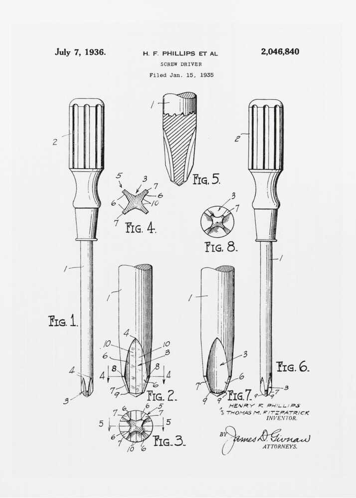 A framed black and white patent illustration for a Phillips head screwdriver, dated July 7, 1936. The diagram shows multiple figures detailing the tool's design, including a full view and close-ups of its distinctive cross-shaped tip. Print