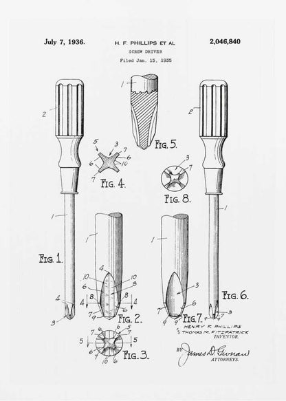 A framed black and white patent illustration for a Phillips head screwdriver, dated July 7, 1936. The diagram shows multiple figures detailing the tool's design, including a full view and close-ups of its distinctive cross-shaped tip. Print