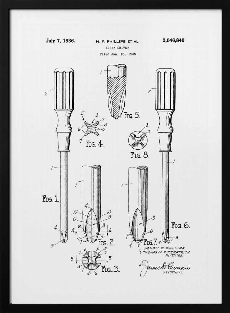 A framed black and white patent illustration for a Phillips head screwdriver, dated July 7, 1936. The diagram shows multiple figures detailing the tool's design, including a full view and close-ups of its distinctive cross-shaped tip. Print