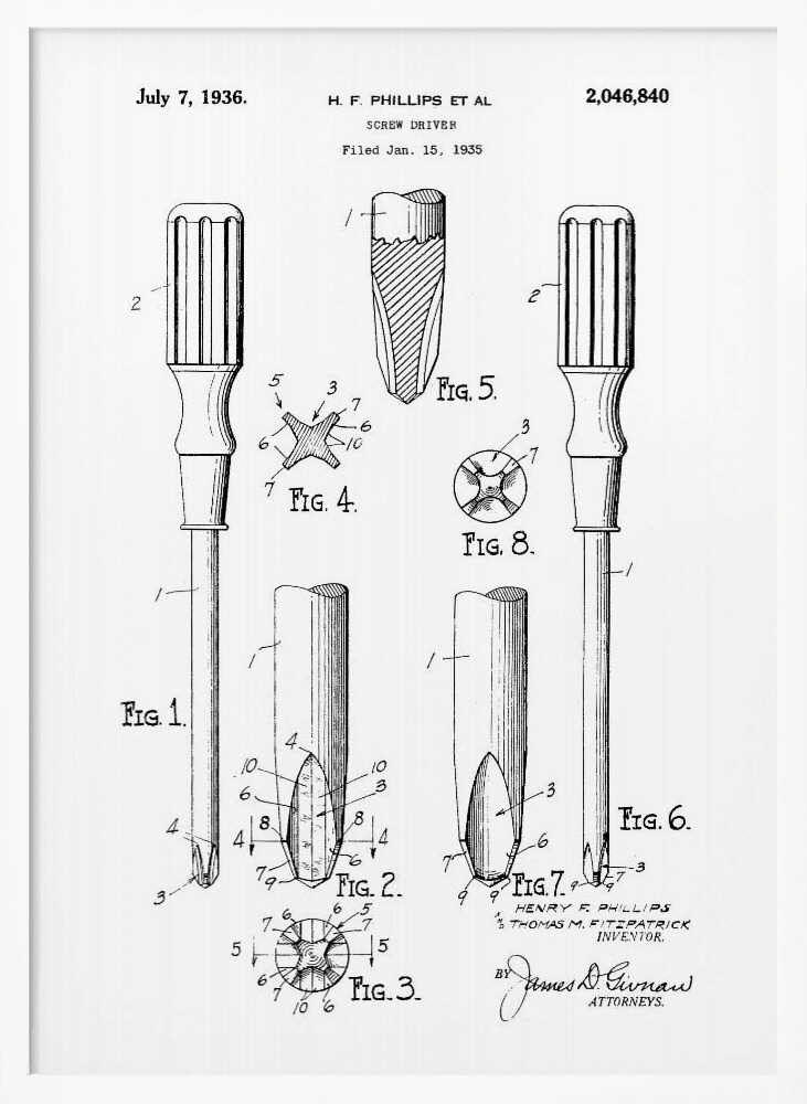 A framed black and white patent illustration for a Phillips head screwdriver, dated July 7, 1936. The diagram shows multiple figures detailing the tool's design, including a full view and close-ups of its distinctive cross-shaped tip. Print