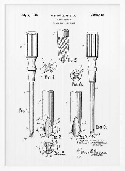 A framed black and white patent illustration for a Phillips head screwdriver, dated July 7, 1936. The diagram shows multiple figures detailing the tool's design, including a full view and close-ups of its distinctive cross-shaped tip. Print