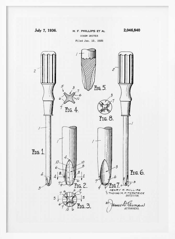 A framed black and white patent illustration for a Phillips head screwdriver, dated July 7, 1936. The diagram shows multiple figures detailing the tool's design, including a full view and close-ups of its distinctive cross-shaped tip. Print