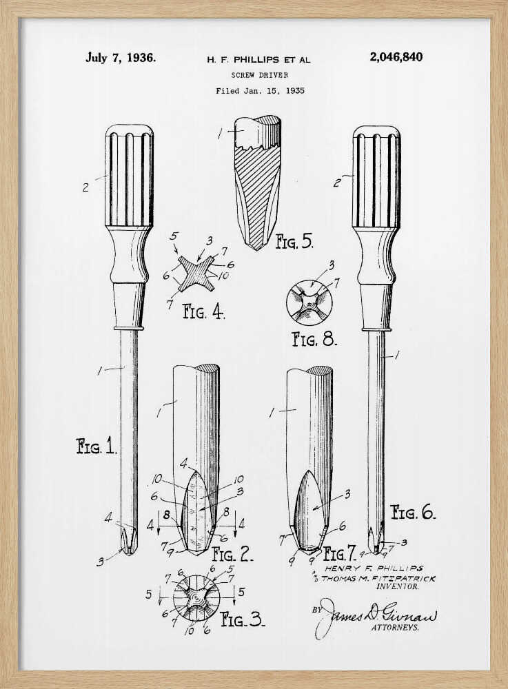 A framed black and white patent illustration for a Phillips head screwdriver, dated July 7, 1936. The diagram shows multiple figures detailing the tool's design, including a full view and close-ups of its distinctive cross-shaped tip. Print