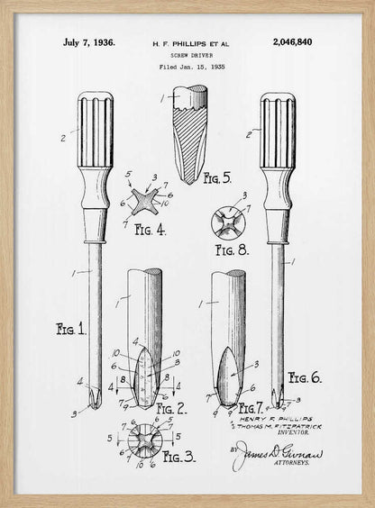 A framed black and white patent illustration for a Phillips head screwdriver, dated July 7, 1936. The diagram shows multiple figures detailing the tool's design, including a full view and close-ups of its distinctive cross-shaped tip. Print