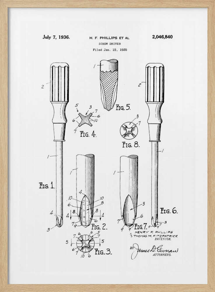 A framed black and white patent illustration for a Phillips head screwdriver, dated July 7, 1936. The diagram shows multiple figures detailing the tool's design, including a full view and close-ups of its distinctive cross-shaped tip. Print