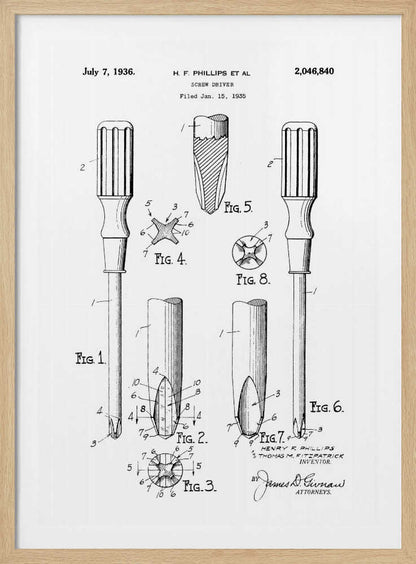 A framed black and white patent illustration for a Phillips head screwdriver, dated July 7, 1936. The diagram shows multiple figures detailing the tool's design, including a full view and close-ups of its distinctive cross-shaped tip. Print