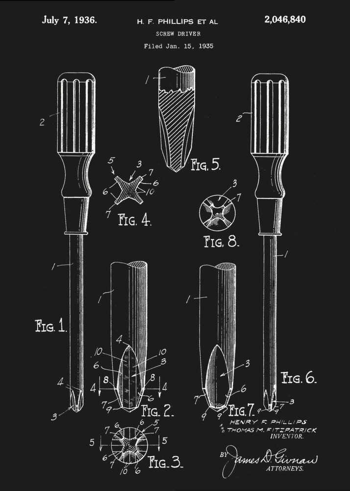 A framed black and white patent illustration for a screwdriver, dated July 7, 1936. The technical drawing, credited to H.F. Phillips, shows various figures detailing the components of a Phillips head screwdriver against a black background. Artwork