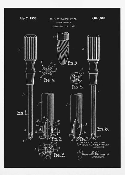 A framed black and white patent illustration for a screwdriver, dated July 7, 1936. The technical drawing, credited to H.F. Phillips, shows various figures detailing the components of a Phillips head screwdriver against a black background. Artwork