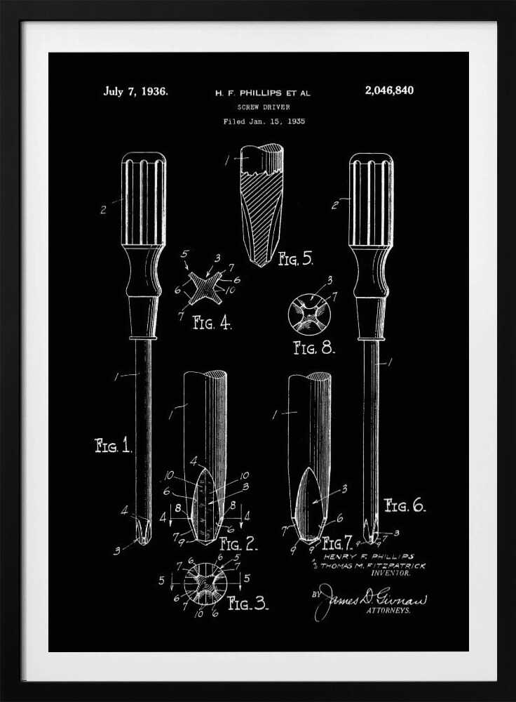A framed black and white patent illustration for a screwdriver, dated July 7, 1936. The technical drawing, credited to H.F. Phillips, shows various figures detailing the components of a Phillips head screwdriver against a black background. Artwork