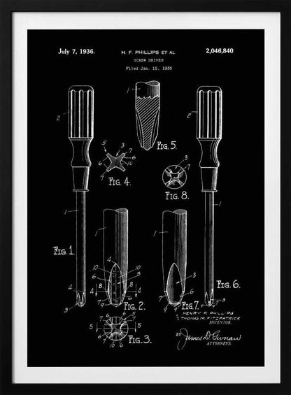 A framed black and white patent illustration for a screwdriver, dated July 7, 1936. The technical drawing, credited to H.F. Phillips, shows various figures detailing the components of a Phillips head screwdriver against a black background. Artwork