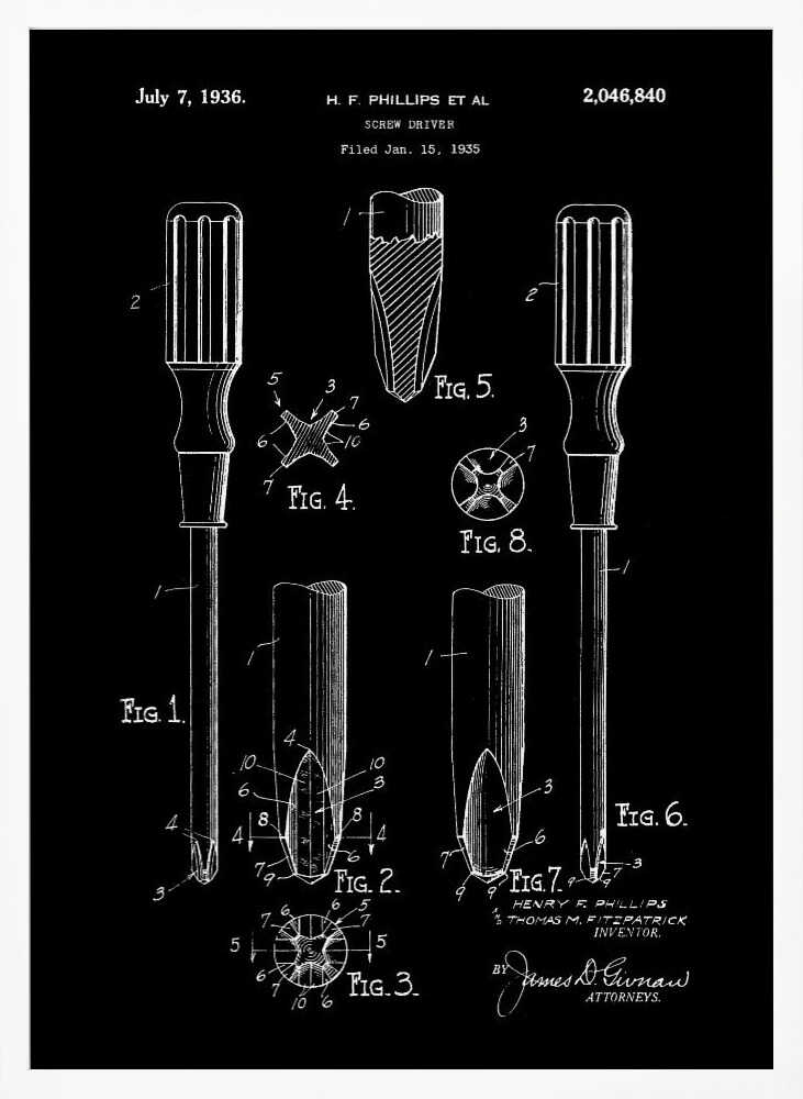A framed black and white patent illustration for a screwdriver, dated July 7, 1936. The technical drawing, credited to H.F. Phillips, shows various figures detailing the components of a Phillips head screwdriver against a black background. Artwork