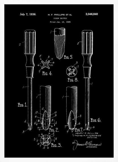 A framed black and white patent illustration for a screwdriver, dated July 7, 1936. The technical drawing, credited to H.F. Phillips, shows various figures detailing the components of a Phillips head screwdriver against a black background. Artwork