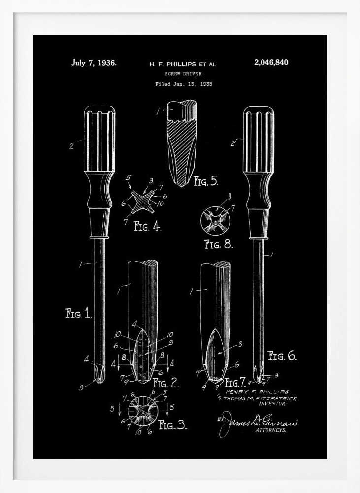 A framed black and white patent illustration for a screwdriver, dated July 7, 1936. The technical drawing, credited to H.F. Phillips, shows various figures detailing the components of a Phillips head screwdriver against a black background. Artwork