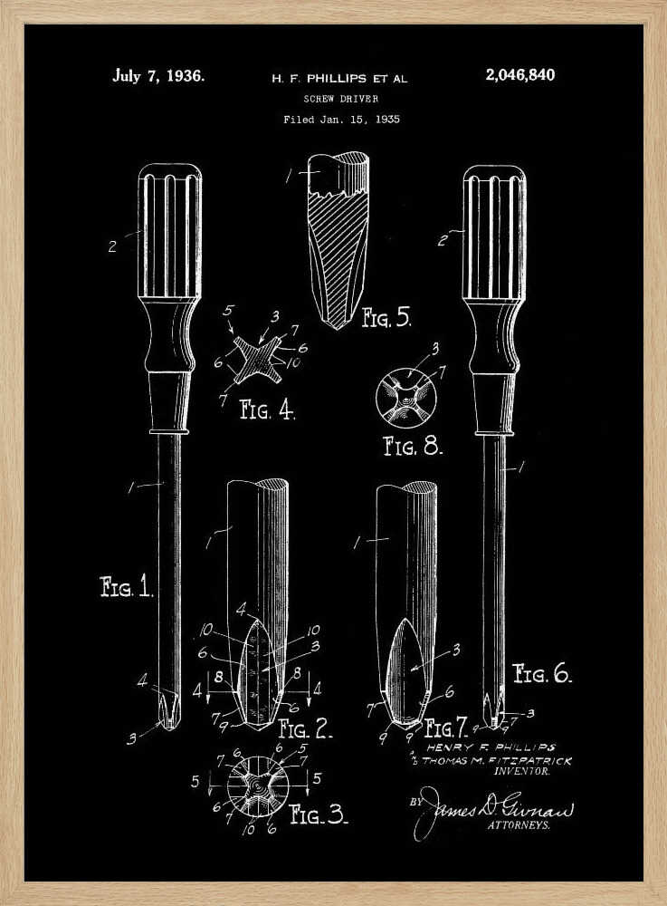 A framed black and white patent illustration for a screwdriver, dated July 7, 1936. The technical drawing, credited to H.F. Phillips, shows various figures detailing the components of a Phillips head screwdriver against a black background. Artwork