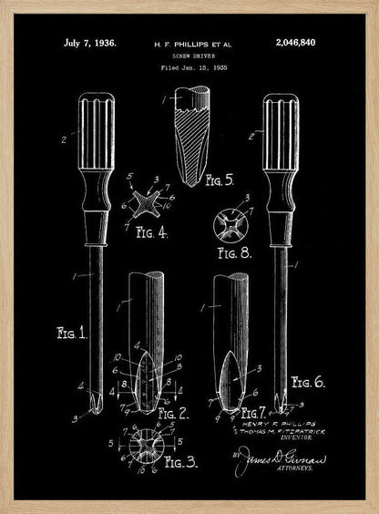 A framed black and white patent illustration for a screwdriver, dated July 7, 1936. The technical drawing, credited to H.F. Phillips, shows various figures detailing the components of a Phillips head screwdriver against a black background. Artwork