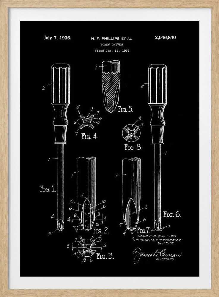 A framed black and white patent illustration for a screwdriver, dated July 7, 1936. The technical drawing, credited to H.F. Phillips, shows various figures detailing the components of a Phillips head screwdriver against a black background. Artwork