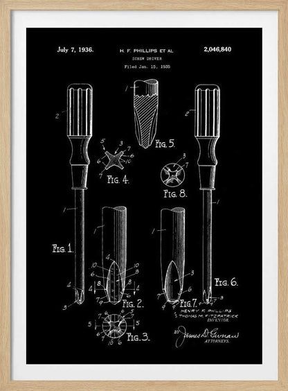 A framed black and white patent illustration for a screwdriver, dated July 7, 1936. The technical drawing, credited to H.F. Phillips, shows various figures detailing the components of a Phillips head screwdriver against a black background. Artwork