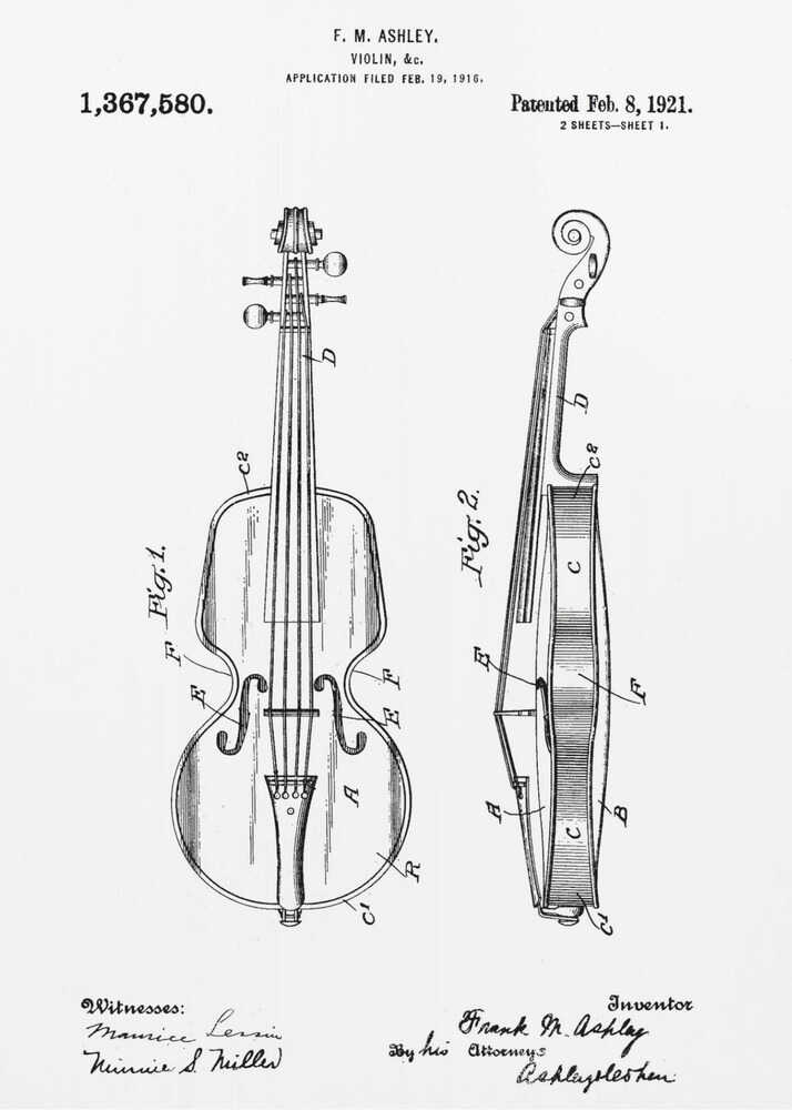 A framed black and white patent illustration for a violin from 1921. The technical drawing shows detailed front and side views of the instrument with labels, signatures, and patent information. Print
