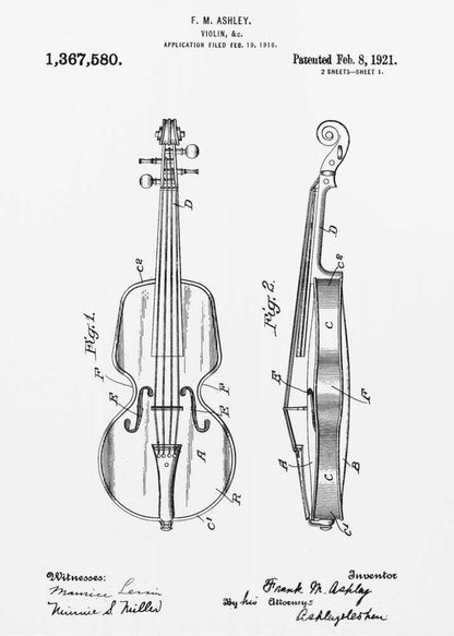 A framed black and white patent illustration for a violin from 1921. The technical drawing shows detailed front and side views of the instrument with labels, signatures, and patent information. Print