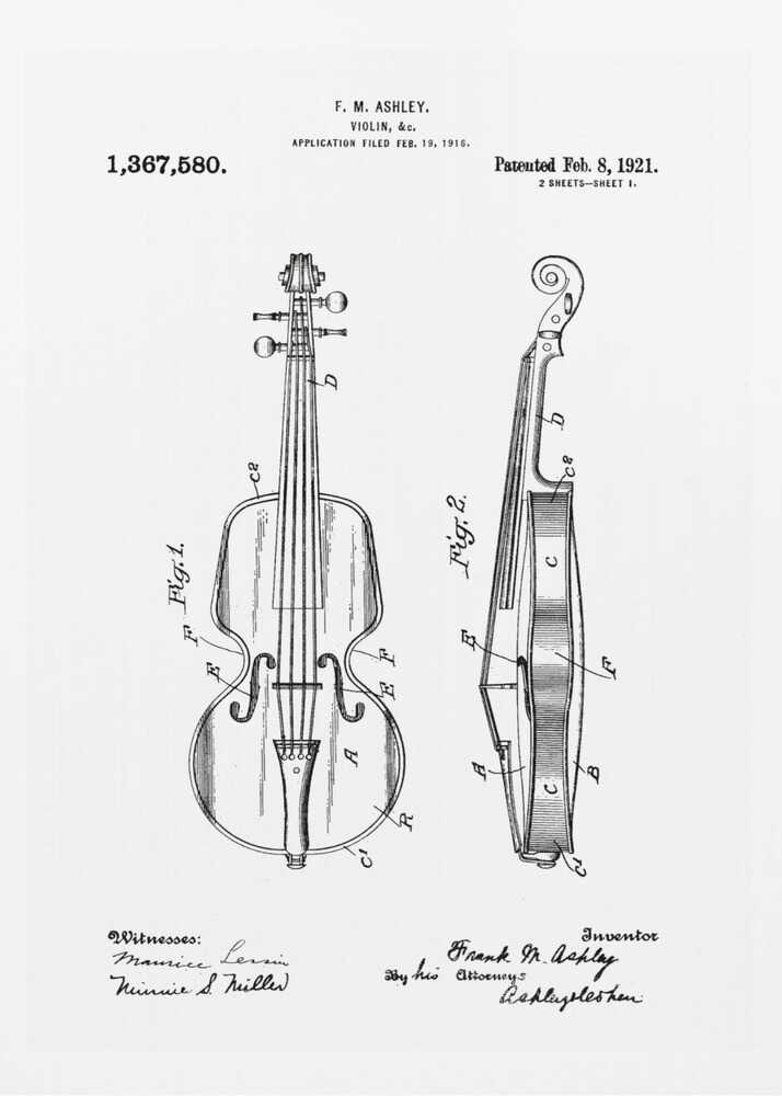 A framed black and white patent illustration for a violin from 1921. The technical drawing shows detailed front and side views of the instrument with labels, signatures, and patent information. Print