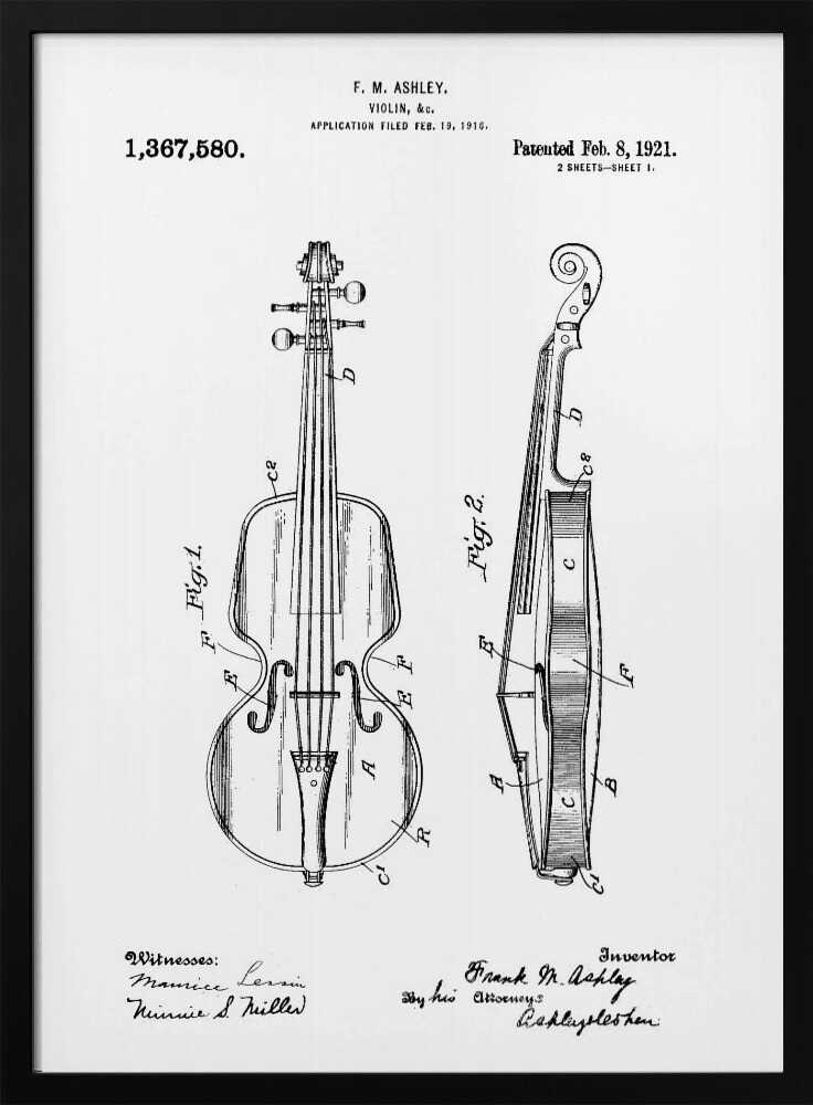 A framed black and white patent illustration for a violin from 1921. The technical drawing shows detailed front and side views of the instrument with labels, signatures, and patent information. Print