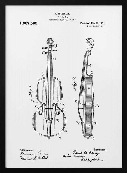 A framed black and white patent illustration for a violin from 1921. The technical drawing shows detailed front and side views of the instrument with labels, signatures, and patent information. Print